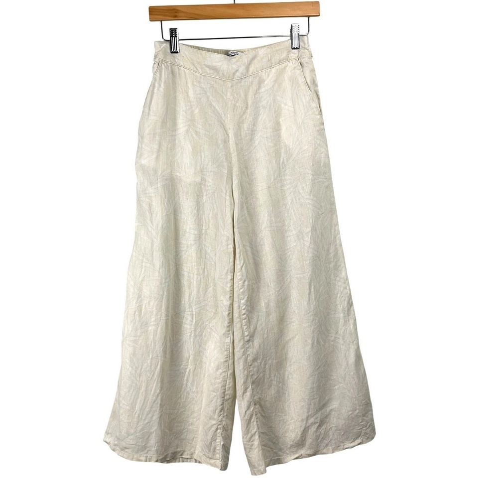 Nicole Miller Linen Wide Leg Pants Cream Palm Print Pants S European Flax Beach‎